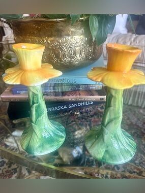 Vintage Hand Painted Daffodil Candle Holders Made in Italy